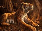  2015 ambiguous_gender black_fur detailed eyes_closed feline feral forest fur kenket mammal orange_fur painting realistic resting solo stripes tiger tree white_fur 