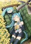  absurdres aqua_hair book ceiling_fan chibi closed_eyes collar couch detached_sleeves flower hatsune_miku highres long_hair lying md5_mismatch multiple_girls necktie on_back skirt sleeping thighhighs twintails very_long_hair vocaloid yuunagi_show 