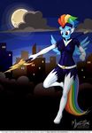  2015 anthro anthrofied belt building city clothing cloud costume equine female flying friendship_is_magic hair mammal moon multicolored_hair my_little_pony mysticalpha night outside pegasus polearm purple_eyes rainbow_dash_(mlp) rainbow_hair solo staff weapon wings 