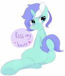  &lt;3 berseepon09 blue_eyes blush butt english_text equine female feral hair hooves horn horse mammal my_little_pony nude plain_background pon smile solo text two_tone_hair unicorn 