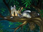  2014 anthro breasts diana eliana-asato female firefly forest fur glowing glowing_eyes grey_fur hair long_hair lying night nipples nude plant solo summer tree yellow_eyes 