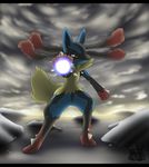  2013 ambiguous_gender aura black_fur blue_fur cloud feral fur latiar looking_at_viewer lucario mega_evolution mega_lucario multicolored_fur nintendo pok&eacute;mon red_fur sky spikes video_games yellow_eyes yellow_fur 