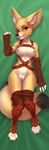  2015 anthro arm_sleeves blush breasts canine dakimakura ear_piercing female fennec fox foxdaemon gin looking_at_viewer lying mammal nipples piercing pussy smile solo straps wolfy-nail 