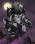  abs anthro armor badcoyote balls biceps canine clothing glowing glowing_eyes knife loincloth male mammal muscles necklace night nipple_piercing nipples outside penis piercing solo standing weapon were werewolf wolf 