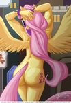  2015 anthro anthrofied blue_eyes bracelet building butt city cutie_mark equine female fluttershy_(mlp) friendship_is_magic hair hands_on_head jewelry looking_at_viewer looking_back mammal mask my_little_pony mysticalpha nude pegasus pink_hair pose solo wings 