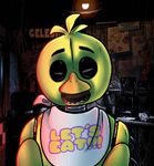  animated animatronic anthro avian beak bib bird chica_(fnaf) chicken emofuri english_text female five_nights_at_freddy&#039;s looking_at_viewer machine mechanical purple_eyes robot smile solo surprise teeth text unknown_artist yellow_feathers 