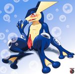  2015 blue_skin blush bubble cum cum_in_mouth cum_inside cum_on_chest cum_on_hand feral greninja kivwolf looking_down male masturbation nintendo penis pok&eacute;mon presenting red_eyes sitting spread_legs spreading sweat tongue video_games yellow_skin 