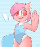  ! anthro art_trade berseepon09 clothed clothing cute female hair horn loli_dragon_(character) mammal open_mouth pink_hair pink_skin red_eyes smile solo swimsuit tongue young 