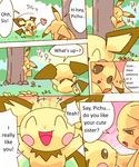  brother_and_sister comic cute dayan duo english_text female feral forest incest kemono male nintendo outside pichu pikachu playful pok&eacute;mon sibling size_difference speech_bubble text translated tree video_games 