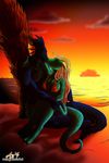  anthro azaleesh beach bikini breasts claws clothing dragon duo female hair horn hug male palm_tree scales scalie seaside shorts straight sunset swimsuit tree 