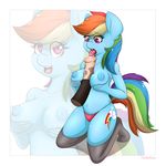  2015 animal_genitalia anthro blue_body breasts clothing cutie_mark disembodied_penis duo equine female friendship_is_magic hair hi_res horse horsecock kneeling legwear long_hair male mammal multicolored_hair my_little_pony navel nipples open_mouth oral penis pony rainbow_dash_(mlp) rainbow_hair sex solo_focus straight thebatfang thigh_highs titfuck tongue tongue_out underwear 