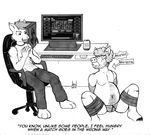  2015 anthro apple bdsm bondage bound canine chair chubby clothing computer dress duo fruit fur gagged gamer herseio imminent_vore league_of_legends male mammal nude pig porcine teeth traditional_media_(artwork) underwear video_games vore wolf wrapped 