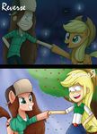  2015 applejack_(mlp) blonde_hair brofist brown_hair cutie_mark duo equine female forest freckles friendship_is_magic glowing glowing_eyes gravity_falls green_eyes hair hat horse human humanized mammal my_little_pony night piercing ponification pony the-butch-x tree wendy 