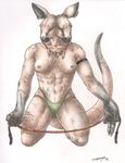  arm_band boudyka breasts clothing ear_piercing female kangaroo kneeling mammal marsupial muscles mutant mutation necklace nipples panties piercing rope scar sinistervibe solo split_face underwear 