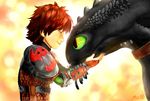  2015 abstract_background armor black_eyes black_scales brown_hair couple dragon duo eye_contact feral green_eyes green_sclera hair hiccup_(httyd) holding_head how_to_train_your_dragon human male mammal mii_(artist) night_fury scalie toothless 