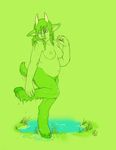  amber-aria anthro blue_eyes breasts chubby cloven_hooves female grass green_theme hooves horn monochrome pond satyr solo water 