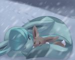  aqua_eyes black_eyes creature eevee footprints full_body gen_1_pokemon gen_4_pokemon glaceon glitchedpuppet lowres lying no_humans on_stomach one_eye_closed outdoors pokemon pokemon_(creature) signature snow snowing winter 