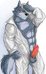  2015 abs anthro balls blush canine clothing erection hat humanoid_penis jumpsuit kadzu looking_at_viewer male mammal muscles open_shirt pecs penis shirt solo wolf 
