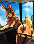  2015 anthro anus blue_eyes blush bra breasts brown_eyes butt clothing female lagomorph legwear mammal nipples pussy rabbit seyferwolf skirt smile stockings underwear 