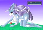  2013 all_fours anthro ass_up blue_skin breasts butt english_text female grass hair latiar legendary_pok&eacute;mon nintendo pok&eacute;ball pok&eacute;mon pok&eacute;morph purple_hair red_eyes suicune text video_games white_skin 