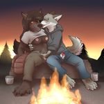  aggrobadger anthro breasts camp camping canine clothing couple coyote dog duo dusk female fire hand_in_panties licking male mammal nuzzle open_pants outside pants penis sheath shirt shirt_lift straight sunset tongue tongue_out wolf 