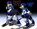  2015 anthro atlantic_puffin avian bird catmonkshiro dialogue duck duo hockey hockey_puck ice ice_skates male pheagle puffin transformation uniform 