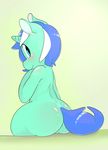  anthro berseepon09 blue_eyes blue_fur blue_hair blush butt cyan_fur equine female fur hair horn looking_at_viewer looking_back mammal my_little_pony pon rear_view sitting smile solo two_tone_hair unicorn 