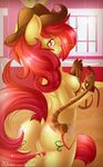  2015 anthro anthrofied apple_bloom_(mlp) barn breasts butt cutie_mark earth_pony equine female friendship_is_magic fur gloves hair hat horse knifeh looking_at_viewer mammal my_little_pony nipples nude pony pussy red_hair rope solo standing straw yellow_fur 
