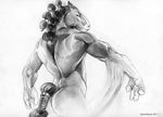  2013 alectorfencer anthro biceps braided_hair butt equine hair horse long_hair looking_at_viewer looking_back male mammal masculine muscles nude plain_background sketch small_ears solo tail_wrap 