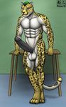  2015 4_toes abs anthro aolun balls biceps big_balls big_penis black_hair black_penis cheetah digitigrade erection feline fur green_eyes green_hair hair humanoid_penis king_cheetah long_penis looking_at_viewer male mammal markings muscles nude pecs penis solo spots toes toned vein white_fur yellow_fur 