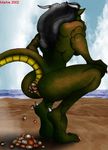  2002 anthro anus beach black_hair breasts butt claws cloud crouching dragon feces female green_scales hair horn markie rock sand scalie scat sea seaside side_boob sky water 