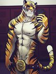  abs anthro belt bgn convenient_censorship facial_hair feline male mammal muscles nipples nude phone selfie solo tiger 