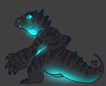  2015 ambiguous_gender bioluminescence chubby claws crocodile cyan_eyes glowing glowing_eyes grey_background grey_skin mutisija plain_background reptile scales scalie solo spikes standing stripes teeth 
