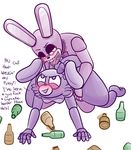  animatronic anthro blush bonnie_(fnaf) breasts dialogue drooling drunk duo female five_nights_at_freddy&#039;s lagomorph machine male mammal mechanical nipples rabbit robot saliva selfcest sex snaxattacks square_crossover straight 