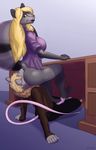  anthro big_breasts blonde_hair bottomless breasts butt clothed clothing desk digital_media_(artwork) duo eyes_closed facesitting female foot_fetish footjob fur green_eyes grey_fur hair jacket long_hair male mammal milf mother naomi_rasputin oral pants parent penis raccoon rat rodent schwoo sitting voluptuous 