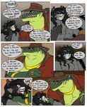  alligator angry anthro body_hair chest_hair clothed clothing comic darkpenguin dialogue duo english_text facial_hair gay hair hat jewelry landon male mammal otis raccoon red_eyes reptile restrained scalie sharp_teeth smile teeth text yelling yellow_eyes 