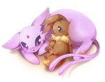  3_toes ambiguous_gender brown_fur cute duo eevee eeveelution espeon forked_tail fur lying nintendo pawpads paws pirple_eyes pok&eacute;mon purple_fur size_difference toes unknown_artist video_games 