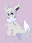  3_toes ambiguous_gender anthro blue_eyes blush confusion eevee fur grey_fur grey_nose looking_at_viewer nintendo pok&eacute;mon pok&eacute;morph purple_background shiny_pok&eacute;mon solo standing toes tuft unknown_artist video_games 