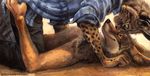  2015 anthro canine clothing coyote duo eye_contact feline kenket lying lynx male mammal pants shirt smile 