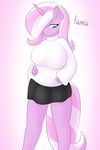  2015 anthro anthrofied big_breasts blue_eyes breasts equine fan_character female fur hair hair_over_eye horn lamia_(character) lamiaaaa mammal my_little_pony pink_fur skirt solo sweater turtleneck two_tone_hair unicorn 