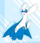  2013 blue_skin claws cute feral latiar latios legendary_pok&eacute;mon looking_at_viewer male nintendo pok&eacute;mon red_eyes smile solo tongue video_games waving white_skin 