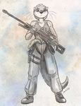  anti-materiel_rifle boots caribou_(artist) clothing coast_guard female flight_suit greyscale gun holding_weapon holster looking_at_viewer mammal monochrome mustelid otter pistol ranged_weapon rifle scope shirt sniper sniper_rifle solo tank_top traditional_media_(artwork) united_states_of_america weapon 