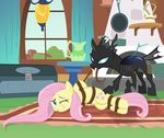  2014 ambiguous_gender bdsm blue_eyes bondage bound changeling crate cutie_mark duo equine fangs female feral fireplace fluttershy_(mlp) friendship_is_magic hair inside lamp lying mammal my_little_pony pegasus pink_hair radiantrealm rope_bondage rug table wings 