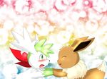  abstract_background ambiguous_gender black_nose blush brown_fur cloud cute duo eevee eye_contact eyes_closed fur green_fur hand_holding legendary_pok&eacute;mon lightria nintendo open_mouth pok&eacute;mon shaymin shaymin_(sky_form) sunset tongue tuft video_games white_fur 