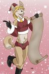  anthro bell blonde_hair boots canine christmas christmas_hat clothing fennec fopsyfoxy fox fur girly gloves hair holidays jike male mammal open_mouth santa_claus smile solo tongue 