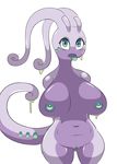  2015 anthro big_breasts breasts butt dragon eyelashes female gastropod goodra green_eyes green_nipples green_tongue looking_at_viewer navel nintendo nipples nirriti nude open_mouth plain_background pok&eacute;mon pussy scalie shadow slime slug solo standing tongue tongue_out video_games white_background 
