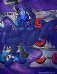 2015 absurd_res anthro bdsm berndem-bones blue_eyes blue_hair bondage bound breasts controller equine female friendship_is_magic glowing hair headset hi_res hooves horn long_hair lying magic mammal my_little_pony navel nintendo_64 nipples nude on_back open_mouth princess_luna_(mlp) pussy solo spread_legs spreading tongue tongue_out winged_unicorn wings 