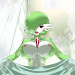  2015 anthro big_breasts blush breasts bust female gardevoir green_skin horn looking_at_viewer nintendo nipples nude open_mouth pok&eacute;mon pok&eacute;morph red_eyes solo steam towel video_games wet white_skin どもしペッテ 