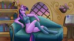  2014 anthro book bottomless breasts brunn-bear clothing cutie_mark equine female flower friendship_is_magic grey_eyes hair horn house legwear looking_at_viewer mammal my_little_pony plant presenting presenting_pussy purple_skin pussy shirt smile sofa solo stockings twilight_sparkle_(mlp) two_tone_hair unicorn 