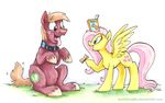 2015 begging big_macintosh_(mlp) blue_eyes box collar dog_biscuit duo equine female feral fluttershy_(mlp) friendship_is_magic grass green_eyes hair horse male mammal my_little_pony pegasus pink_hair pony sitting sophiecabra tongue tongue_out wings 